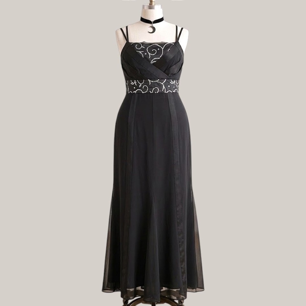 Vintage Maxi Formal Dress Gown Size 14 Black and Silver Fairycore y2k